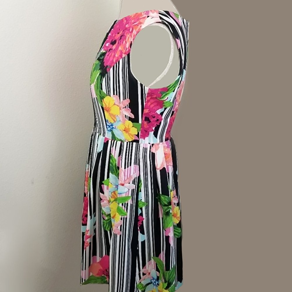 ELLEN TRACY 2 XS Floral Dress Stripe Fit Flare Keyhole Midi 50s Retro 4 S 1950s - Picture 10 of 14